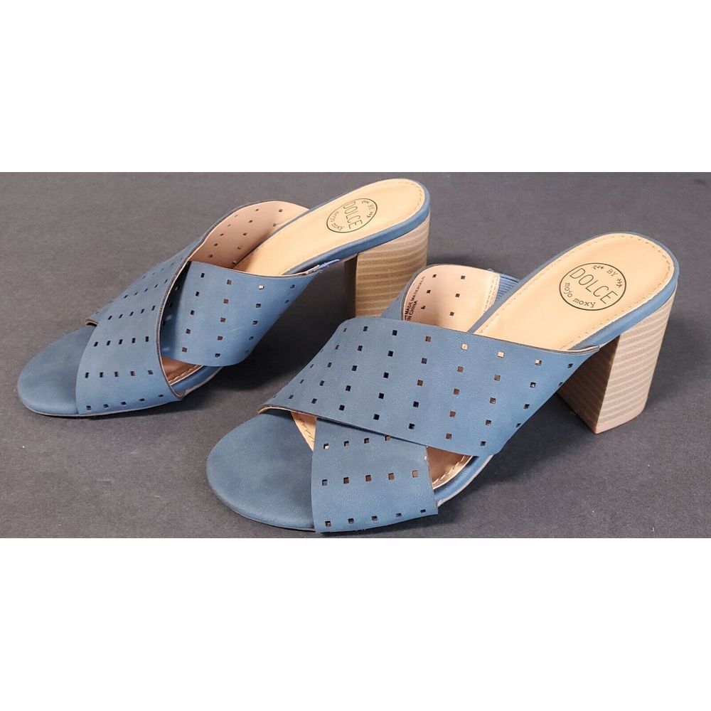 Dolce Mojo Moxy Sandals W SZ 7.5 Perforated Indigo Blue Slide Heel Mule Shoes
